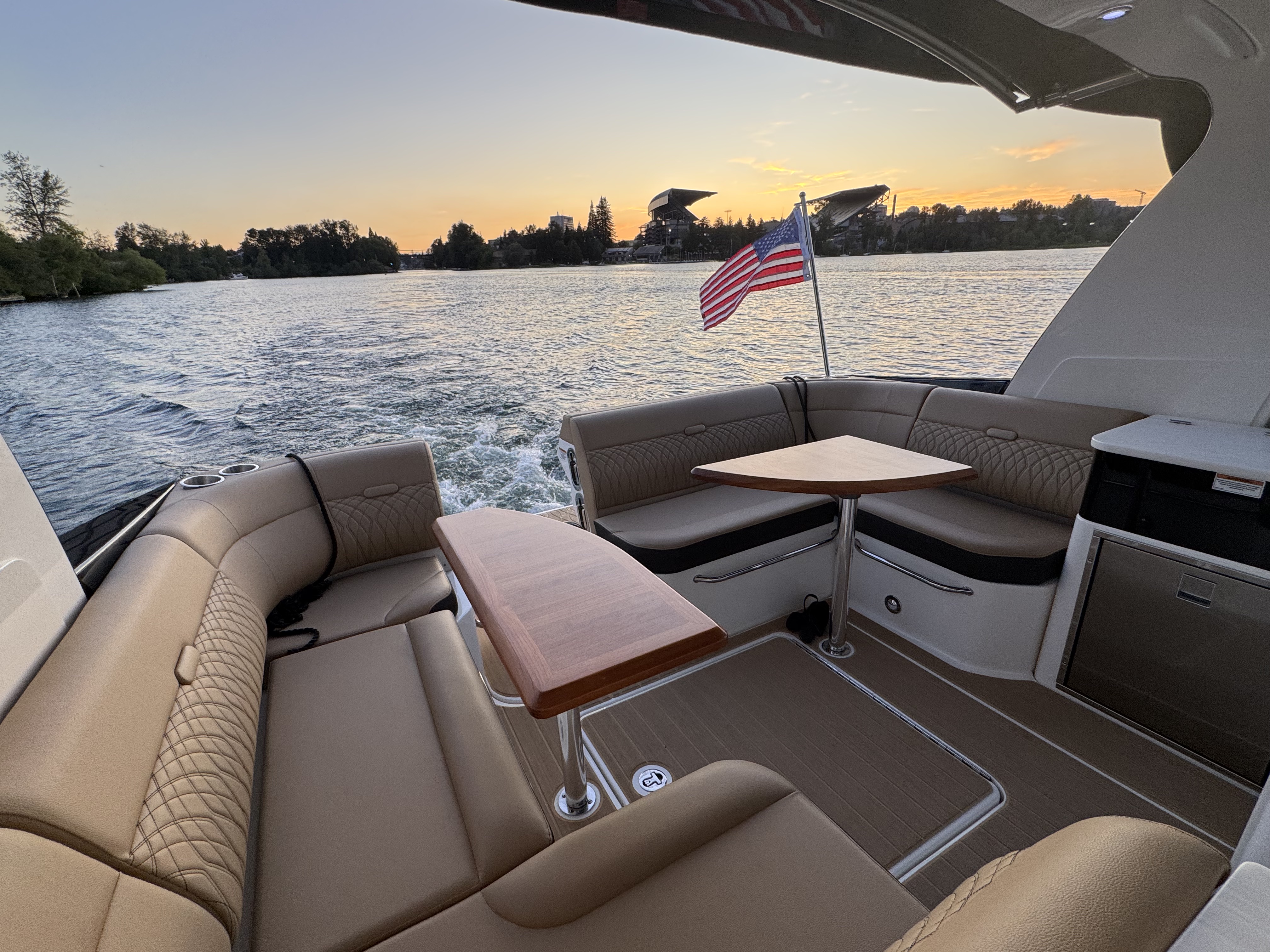 Cockpit of Sea Raptor at sunset on Lake Washington with Husky Stadium in the background