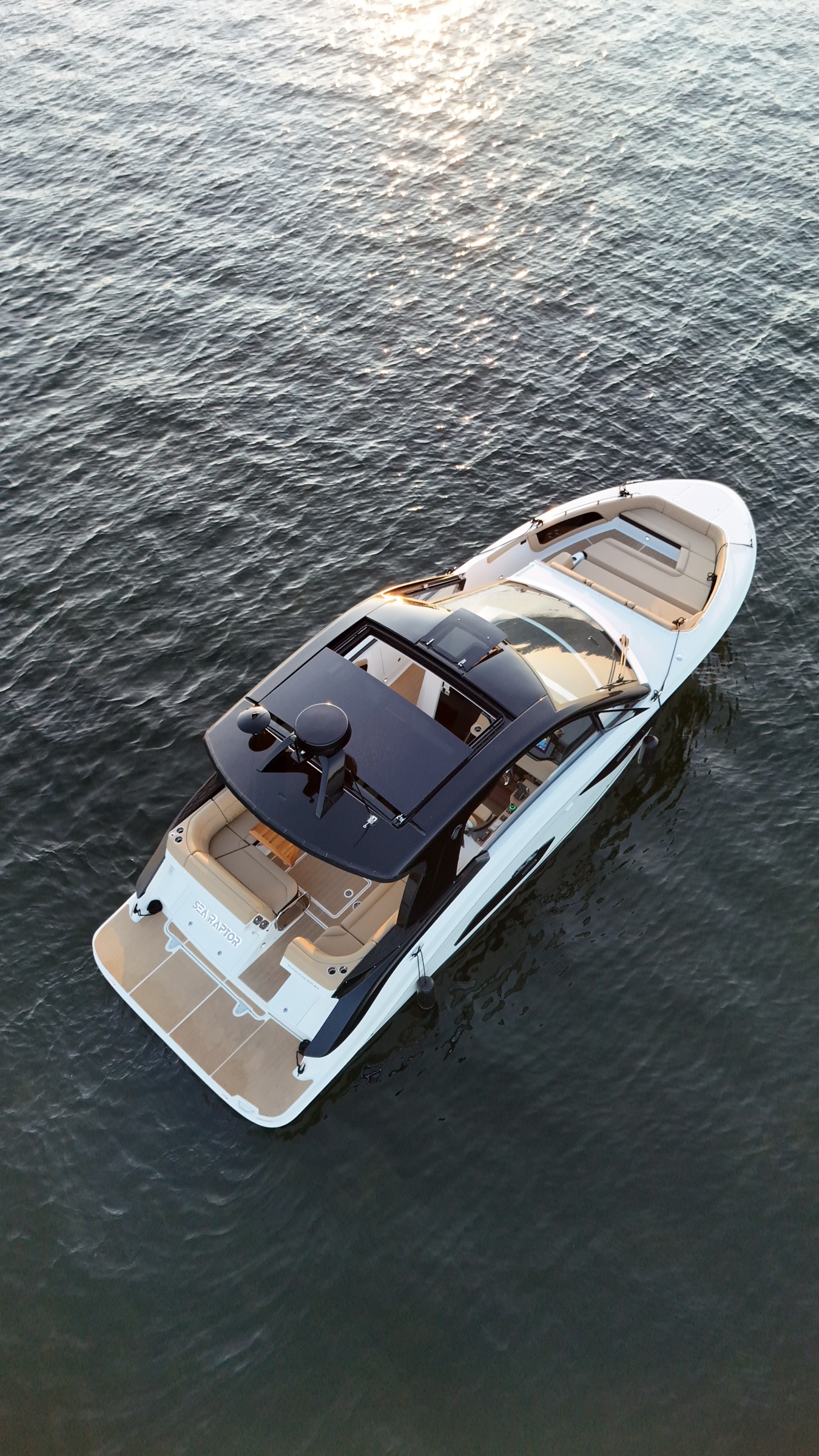 Overhead drone view of Sea Raptor on sunlit water